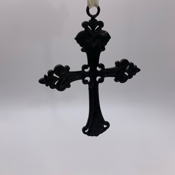 Vtg. Decorative Cream Beige Ornate Rhinestones & Pearl Metal Cross Ornament - Picture 6 of 8